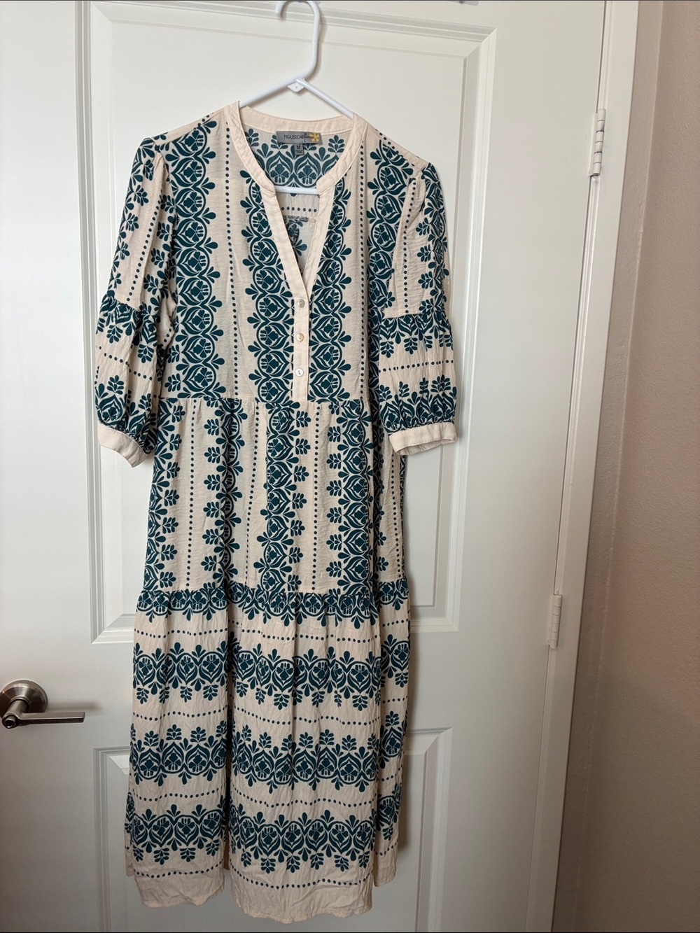 Beige and Teal Printed Midi Dress
